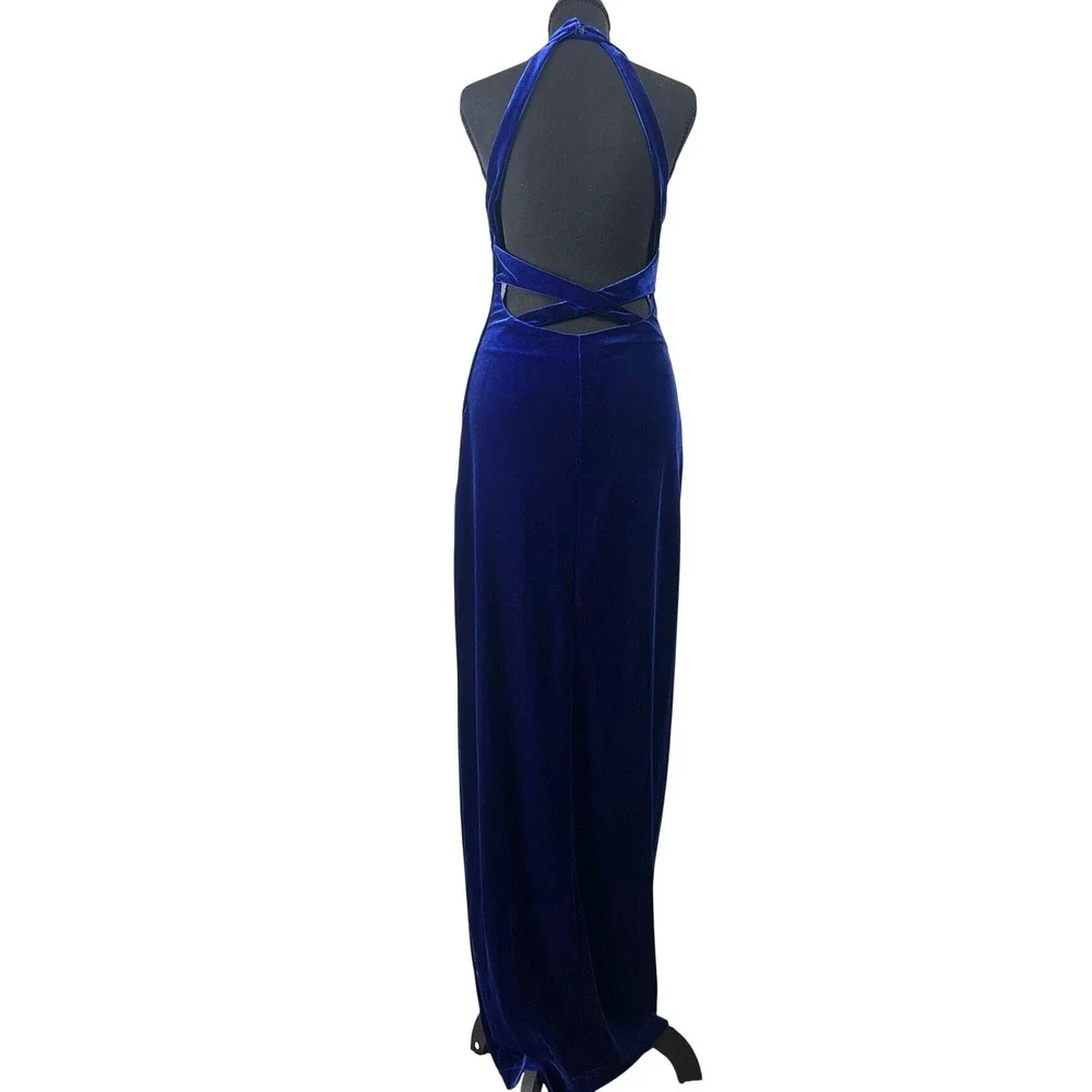 VTG Morgan & Co Royal Blue Velvet Mesh Maxi Dress S Prom Old Hollywood Open Back - Picture 4 of 11